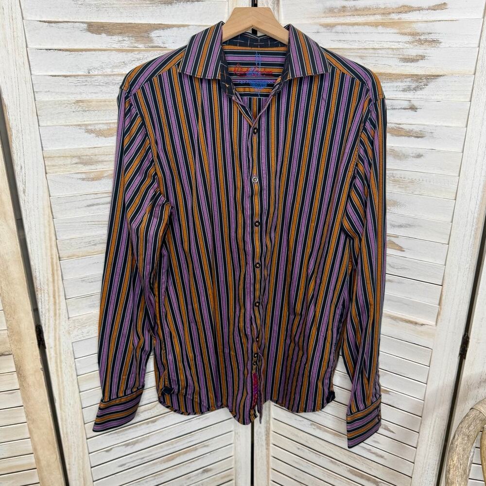 ROBERT GRAHAM Men's L Striped Button Front Cotton Long Sleeve Shirt Purple Black